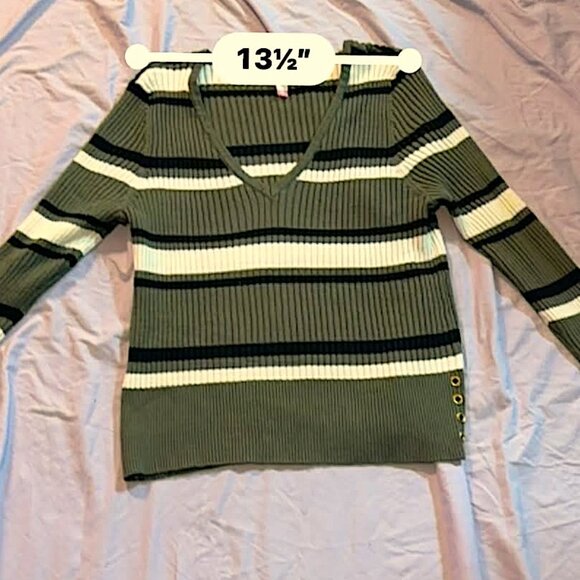 "No Boundaries" Green/Black/White Striped Vneck Long Sleeve Sweater SIZE XXXL 21 - Picture 4 of 10